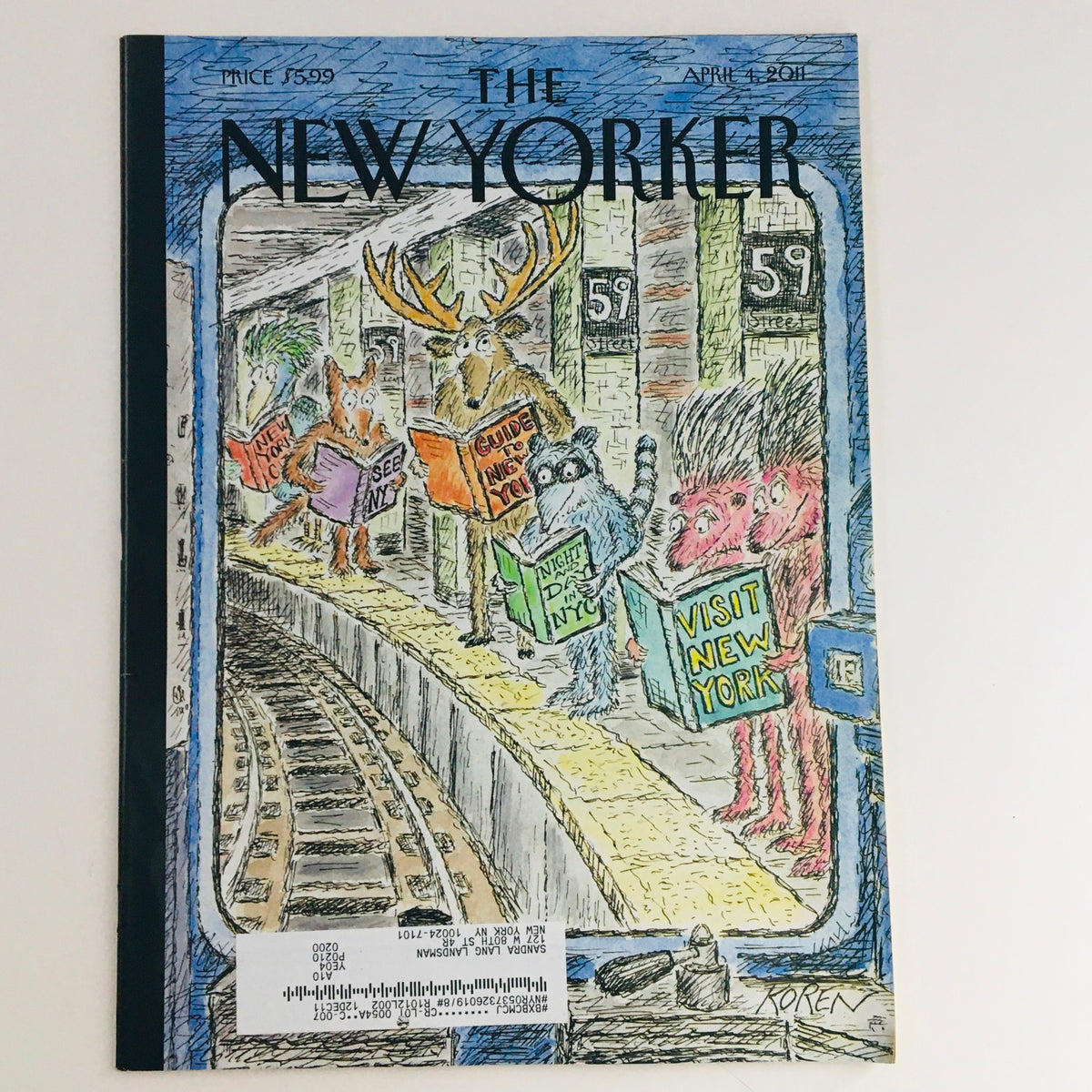 The New Yorker April 4 2011 Full Magazine Cover by Edward Koren featuring colorful animal characters reading on a subway platform.