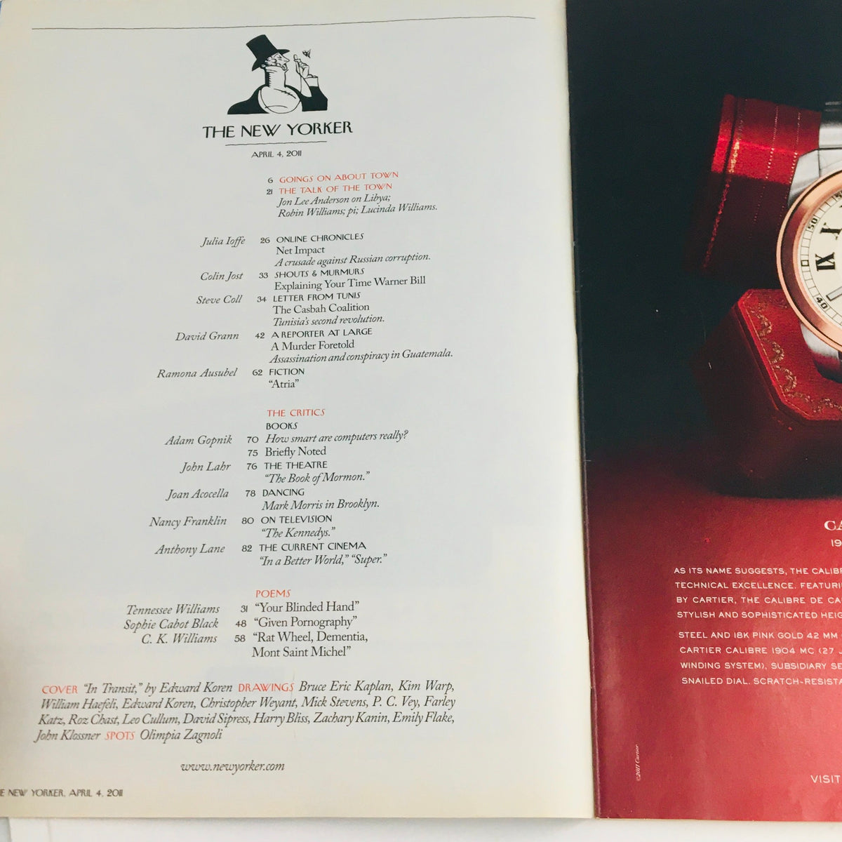 Inside page of The New Yorker April 4 2011 magazine showing the title and various article highlights.