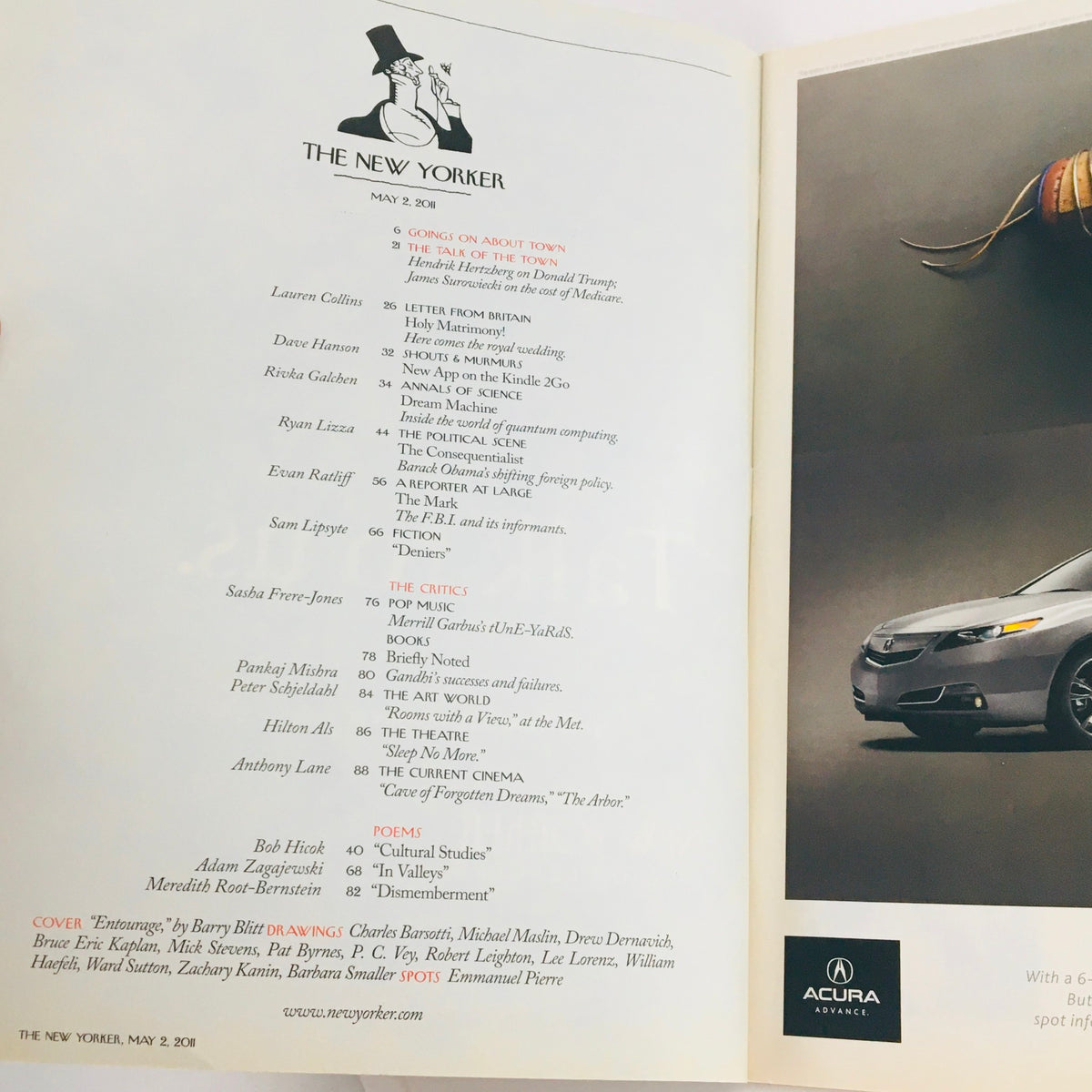 The New Yorker May 2 2011 Table of Contents page, listing articles and contributors, emphasizing the diverse topics covered in this iconic magazine issue.