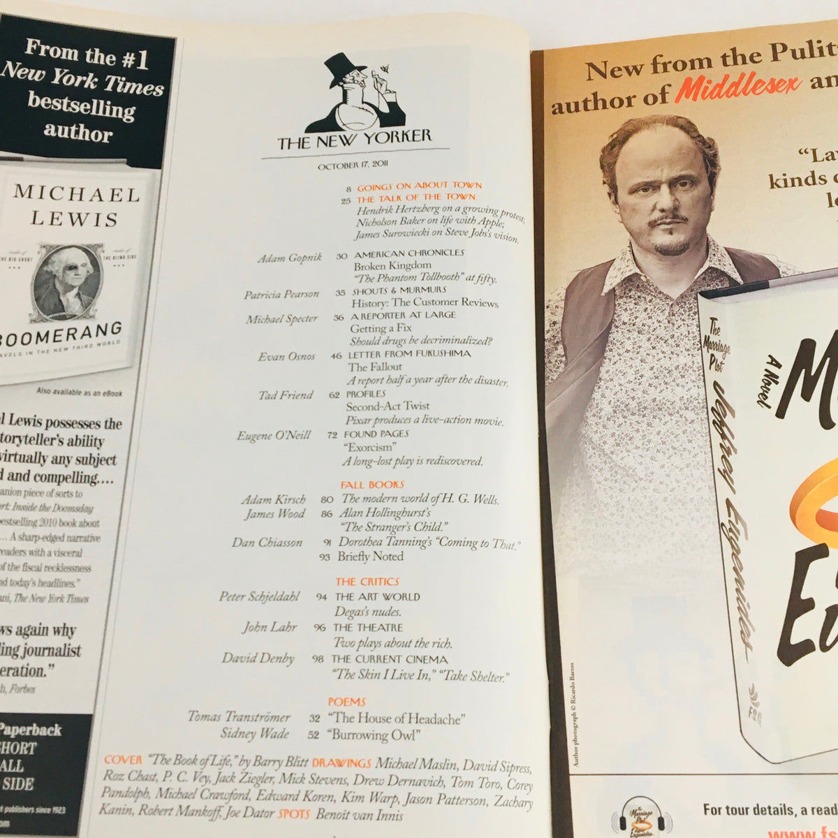 Inside page of The New Yorker Magazine October 17 2011 detailing the table of contents featuring articles including Steve Jobs tribute by Hendrik Hertzberg and cover illustration by Barry Blitt.