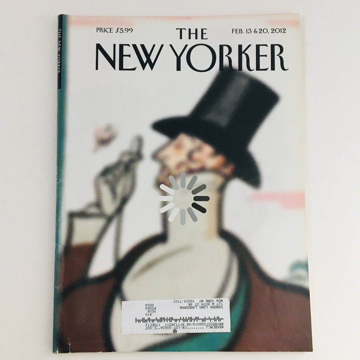 Cover of The New Yorker Magazine from February 13, 2012, featuring a blurred illustration of a man in a hat and suit, titled 'Loading Mr. Tilley' by Brett Culbert.