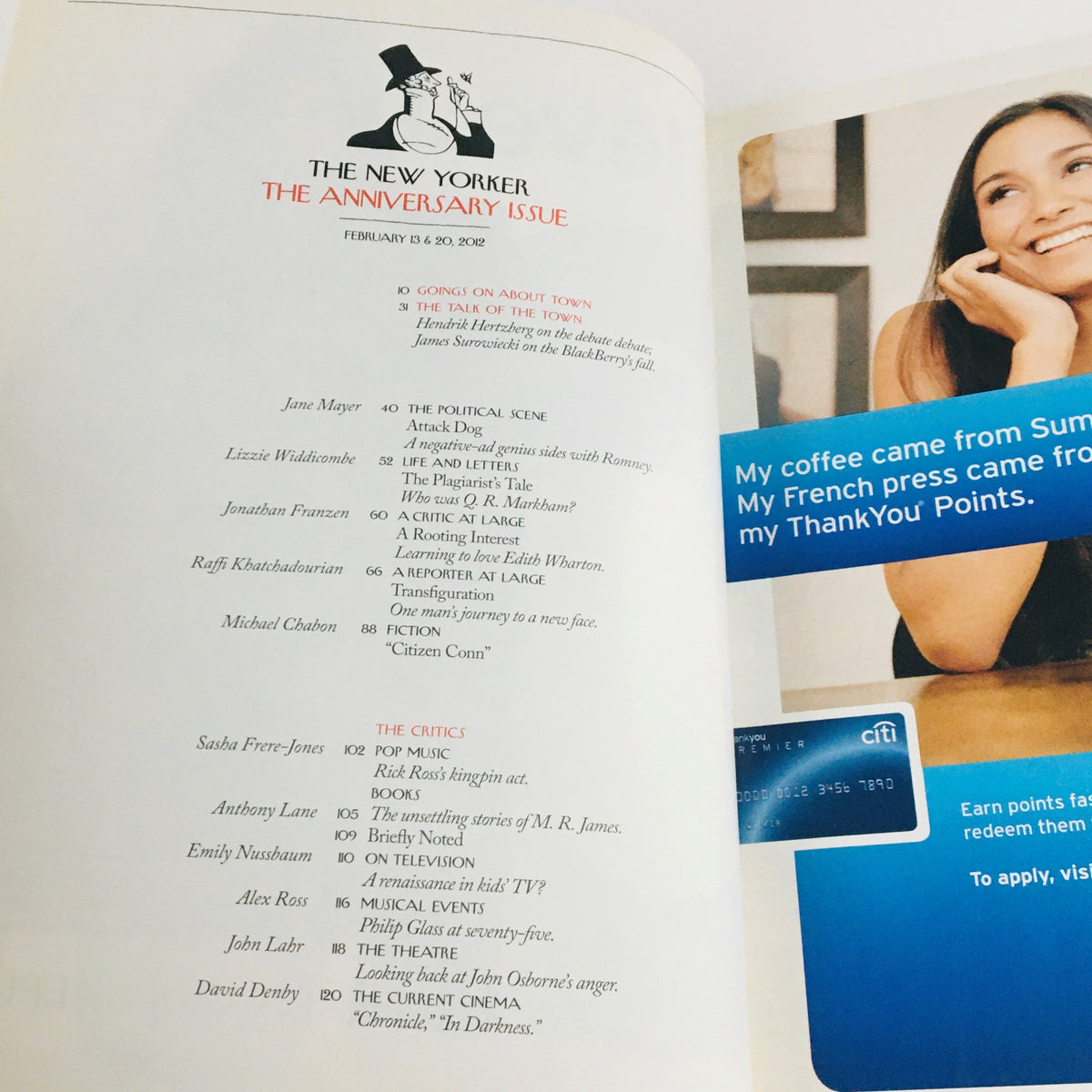 Table of contents page from The New Yorker Magazine February 13, 2012, listing featured articles including 'Loading Mr. Tilley'.