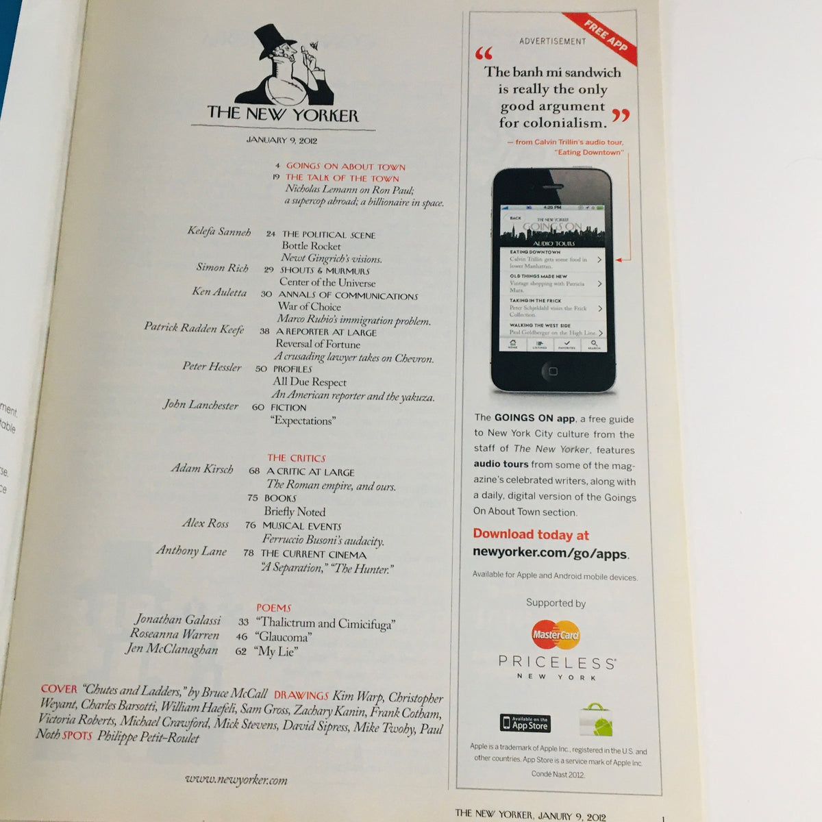 Inside page of The New Yorker Magazine January 9 2012 showing advertisements and contents with a classic layout and design elements.