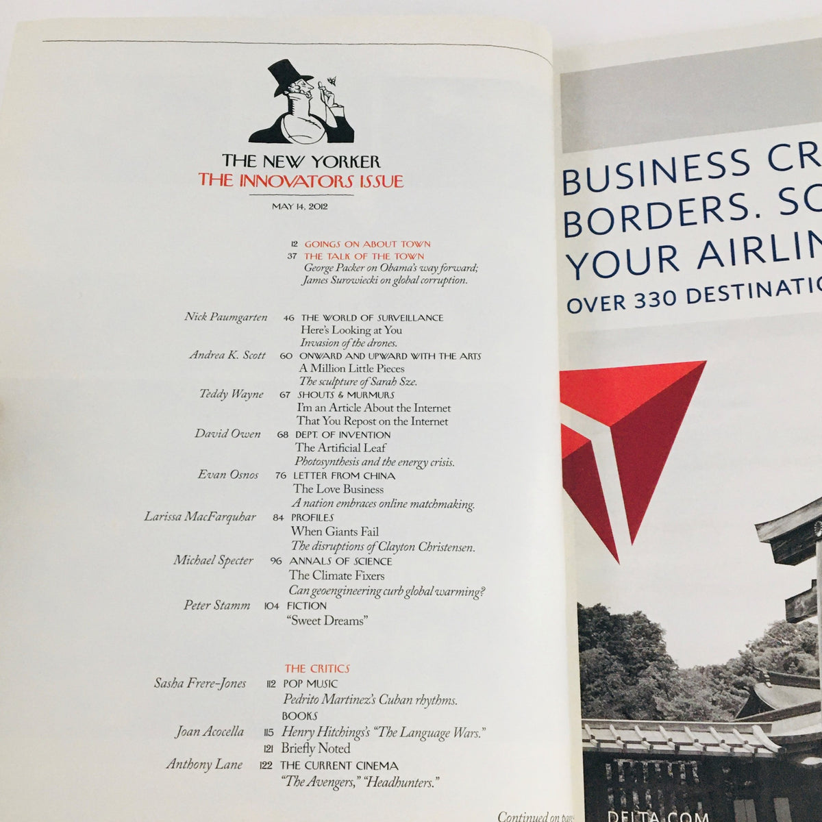The New Yorker May 14 2012 Table of Contents page, showcasing articles from the Innovators Issue, emphasizing the magazine's commitment to insightful journalism and artistic expression.
