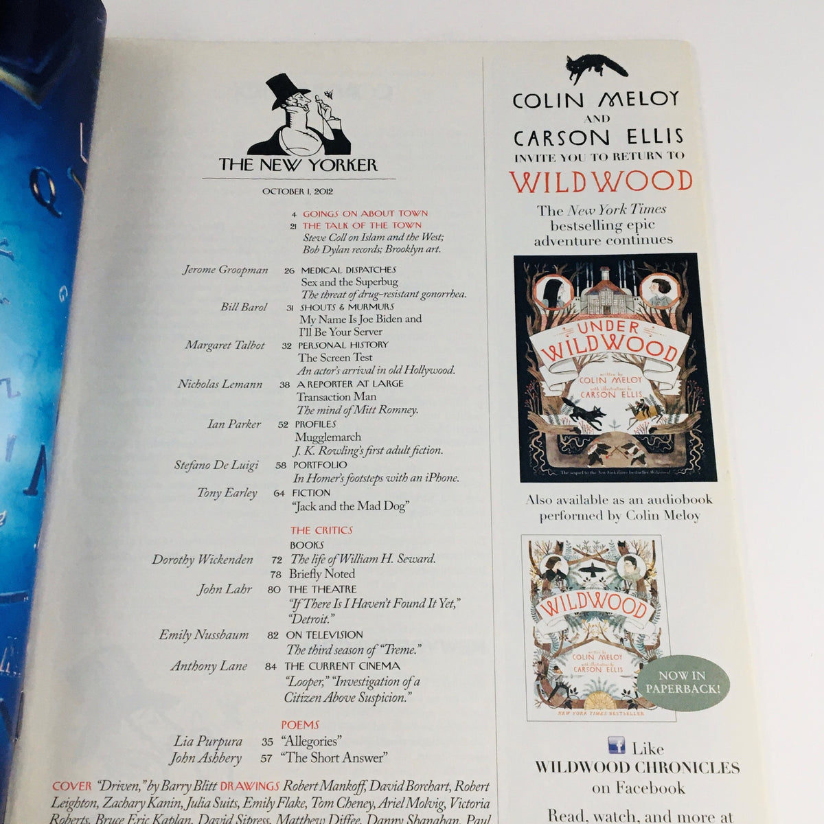Interior page of The New Yorker magazine, October 1, 2012, showcasing articles and advertisements including promotional content for Colin Meloy's 'Wildwood'.