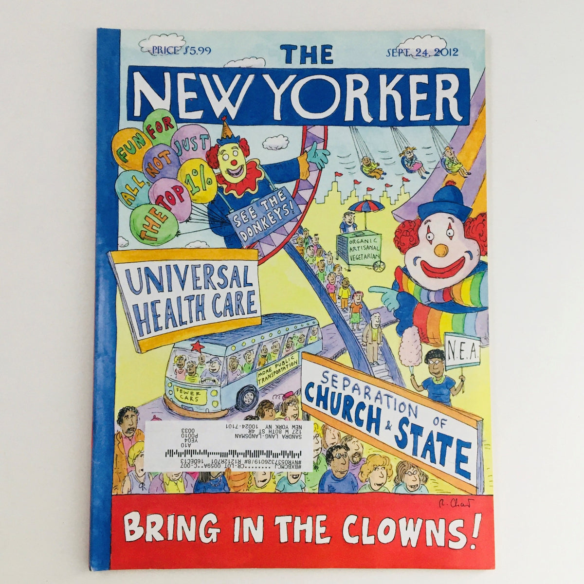 The New Yorker September 24 2012 Full Magazine cover by Roz Chast featuring colorful illustrations related to contemporary themes including health care and separation of church and state.