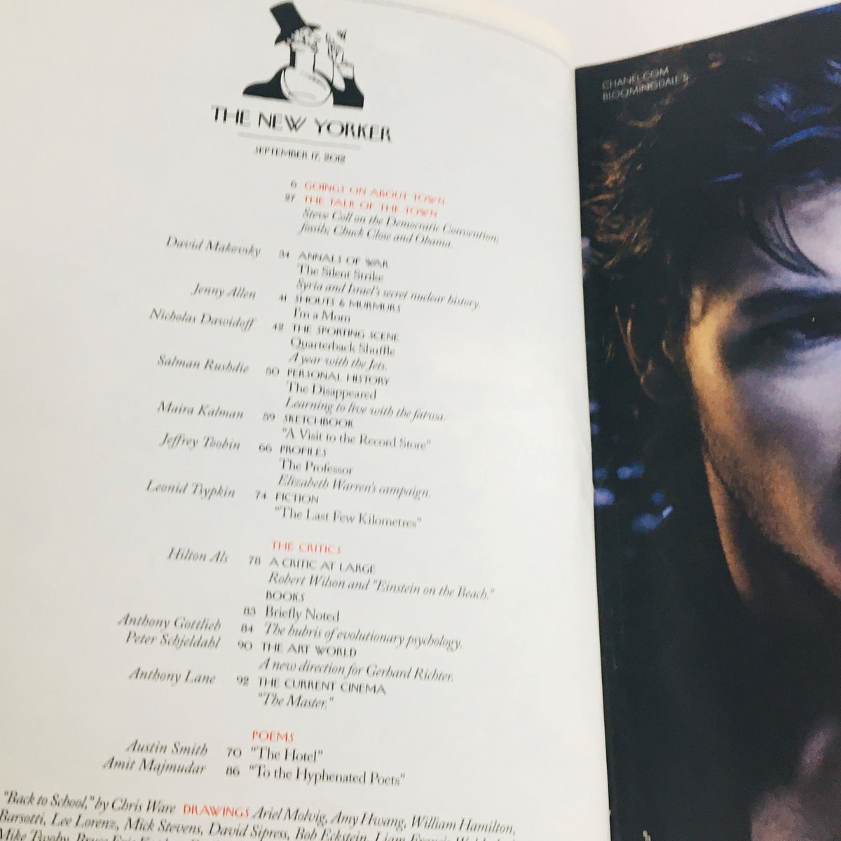 Inside page of The New Yorker magazine, September 17, 2012 issue, showcasing the contents and contributors of the 'Back to School' edition, featuring various articles and illustrations.