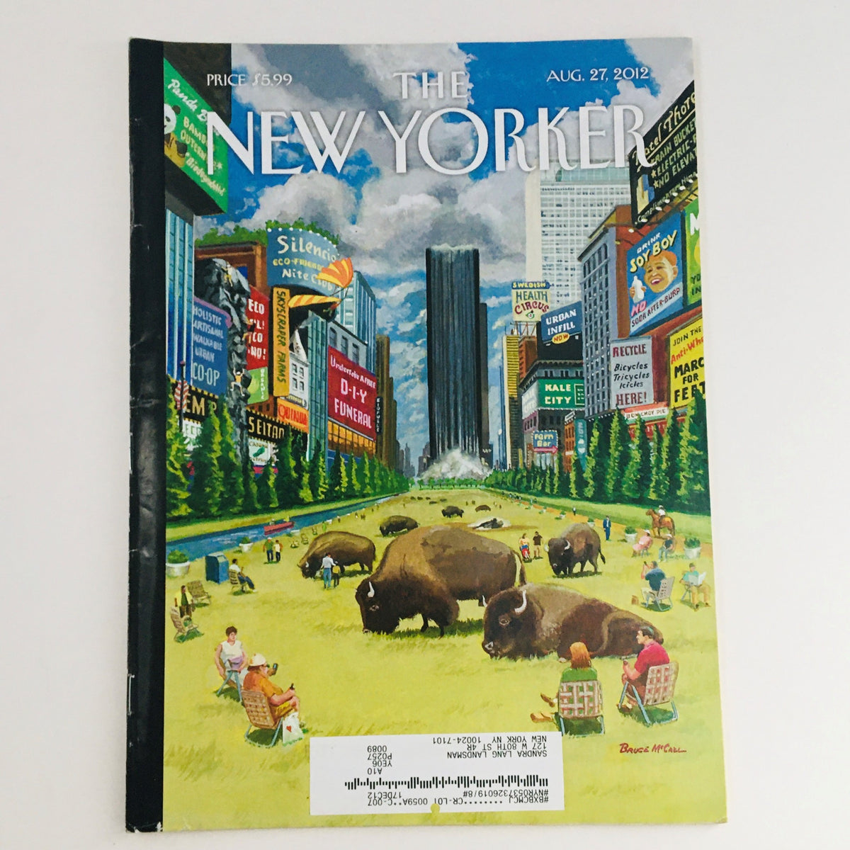 Cover of The New Yorker Magazine August 27, 2012, featuring a vibrant illustration by Bruce McCall showcasing a greener, greater New York with buffalo in a park setting.