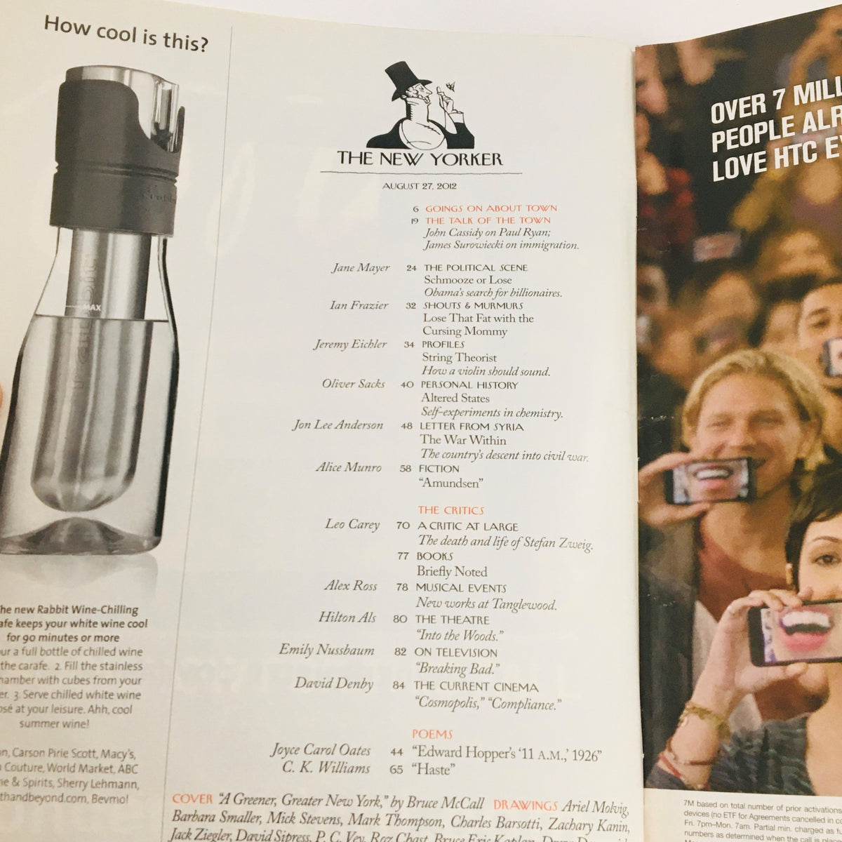 Inside page of The New Yorker Magazine August 27, 2012, displaying contents including articles like 'Going on About Town' and 'The New Yorker.'