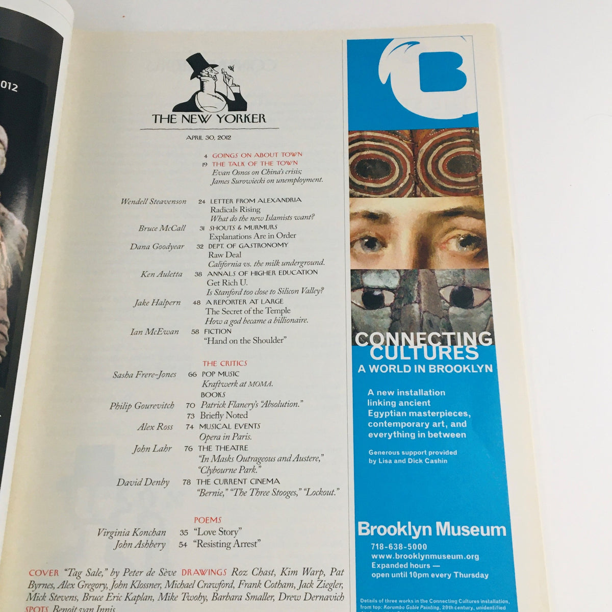 Inside page of The New Yorker April 30 2012 showcasing the table of contents and an advertisement for the Brooklyn Museum, highlighting articles and cultural events.