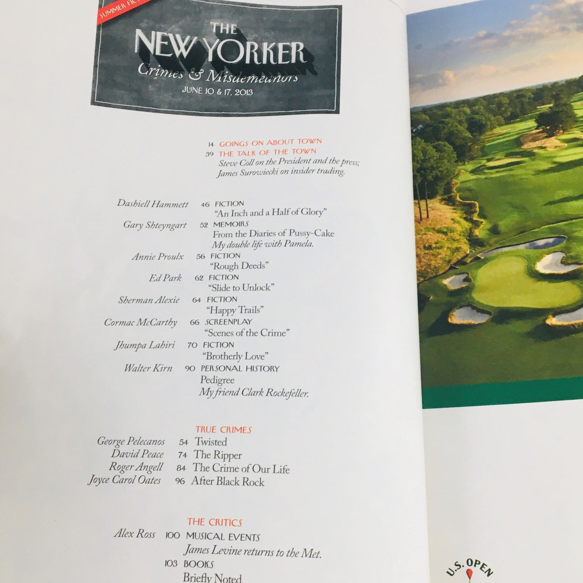 Interior page of The New Yorker magazine June 10 2013 showing articles and insights with a scenic background.