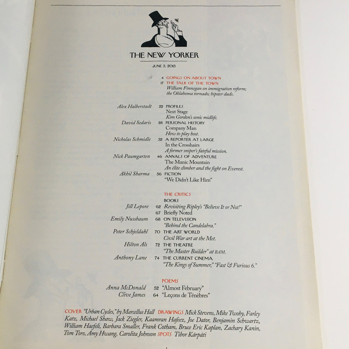 Table of contents page for The New Yorker June 3, 2013, listing articles and contributors including Alex Halberstam, Jill Lepore, and Anthony Lane.