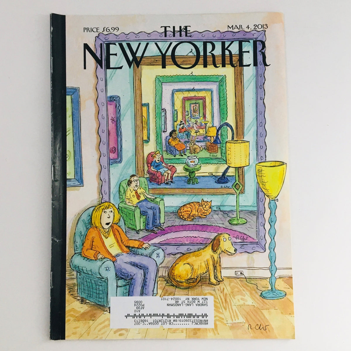 The New Yorker March 4 2013 Full Magazine Theme Cover by Roz Chast featuring vibrant illustrations of a cozy living room scene with characters, a dog, and a cat.
