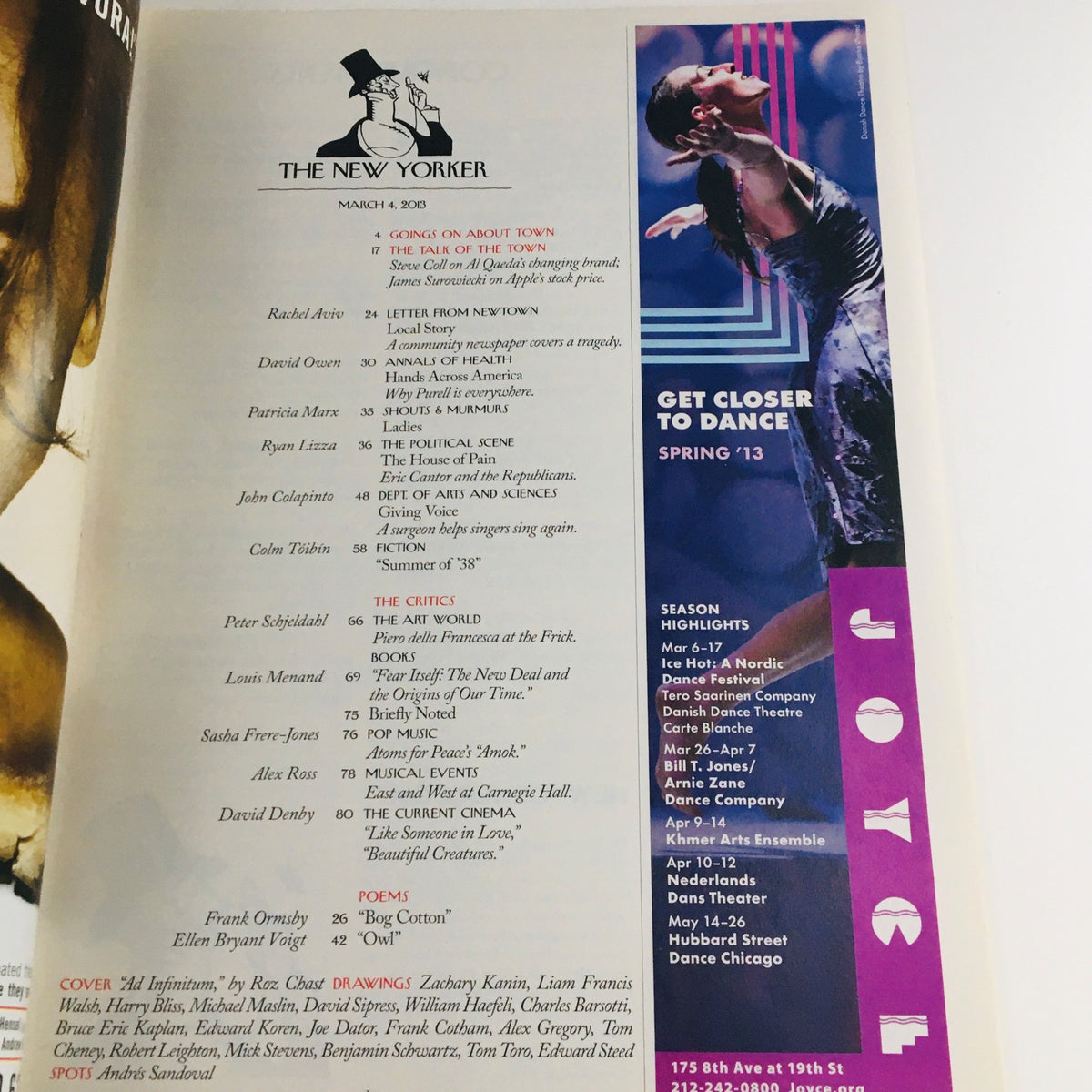 Inside page of The New Yorker March 4 2013 magazine showcasing the table of contents and advertisements for upcoming dance performances.