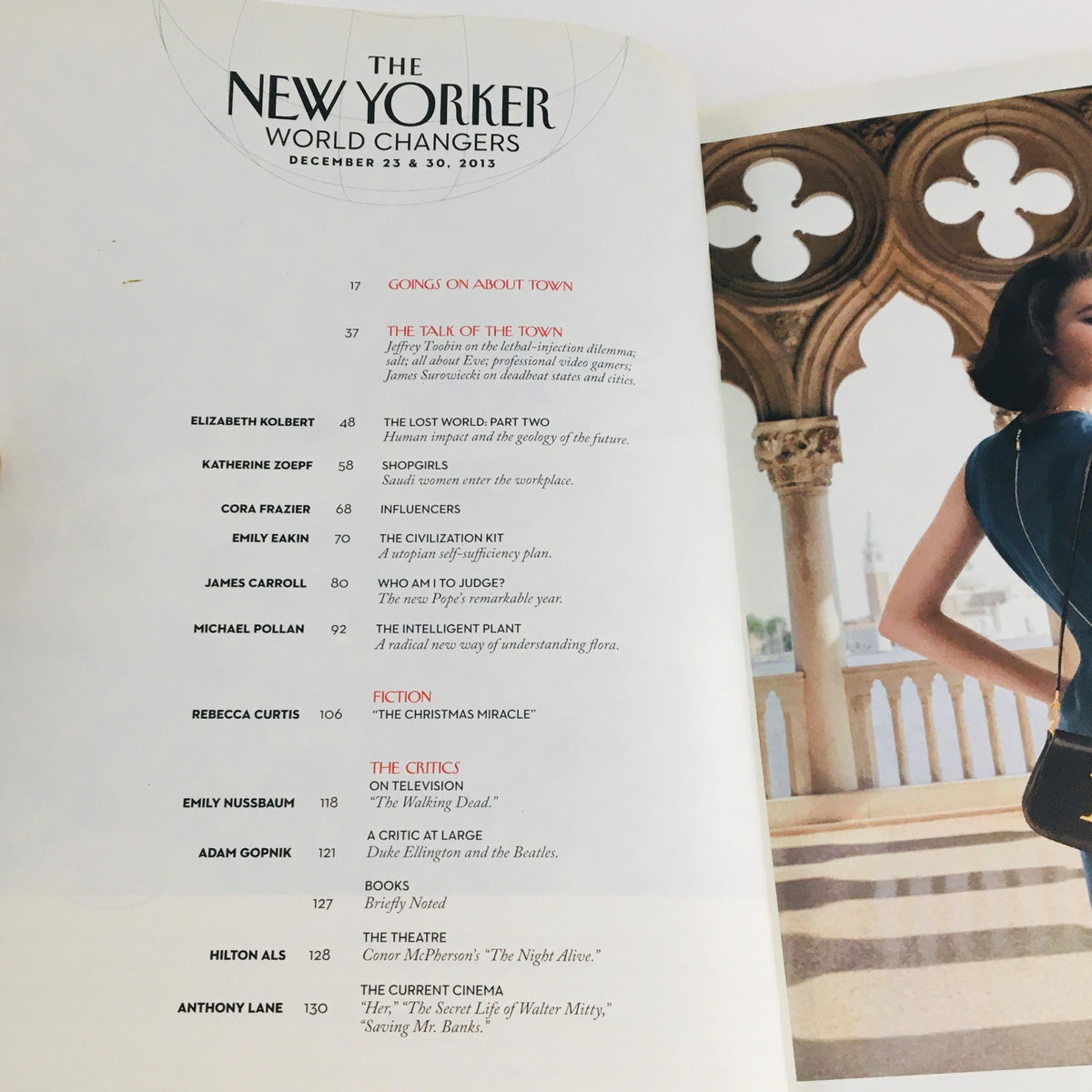 The New Yorker Magazine December 23 & 30, 2013 contents page titled 'World Changers,' highlighting featured articles and commentary.