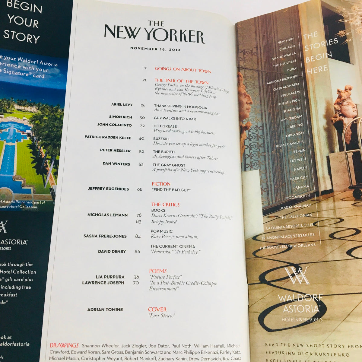 Inside view of The New Yorker November 18 2013 Full Magazine, displaying the table of contents with featured articles and the iconic cover art created by Adrian Tomine. It reflects the magazine's commitment to quality journalism and design.