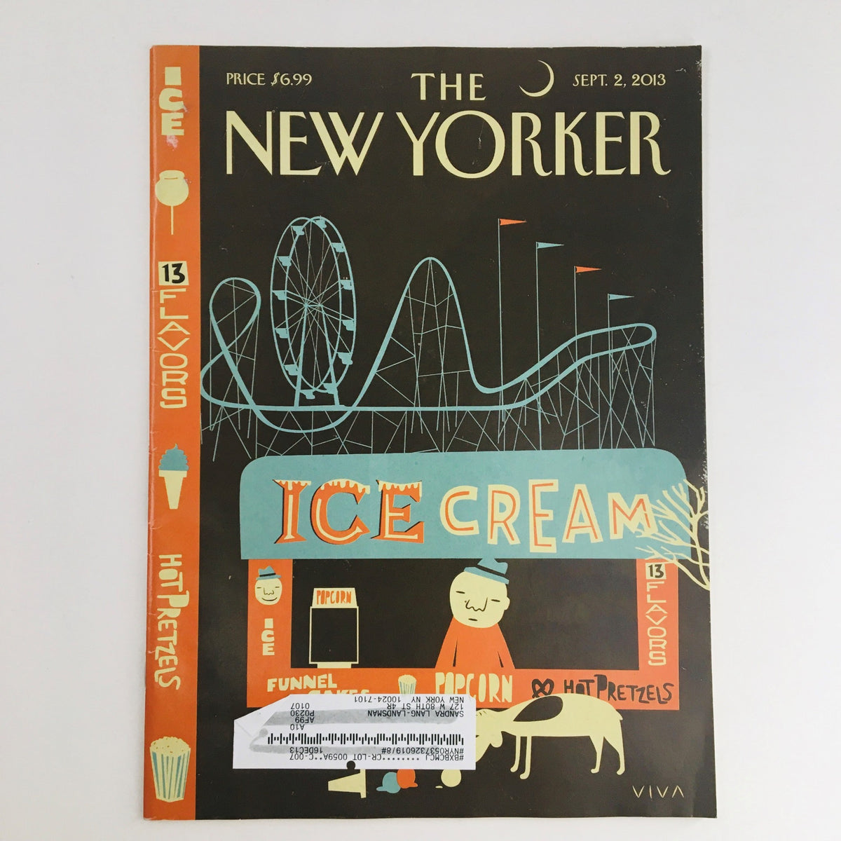 The New Yorker September 2 2013 Full Magazine Cover by Frank Viva featuring an artistic depiction of an amusement park with a focus on ice cream stands and a whimsical design.