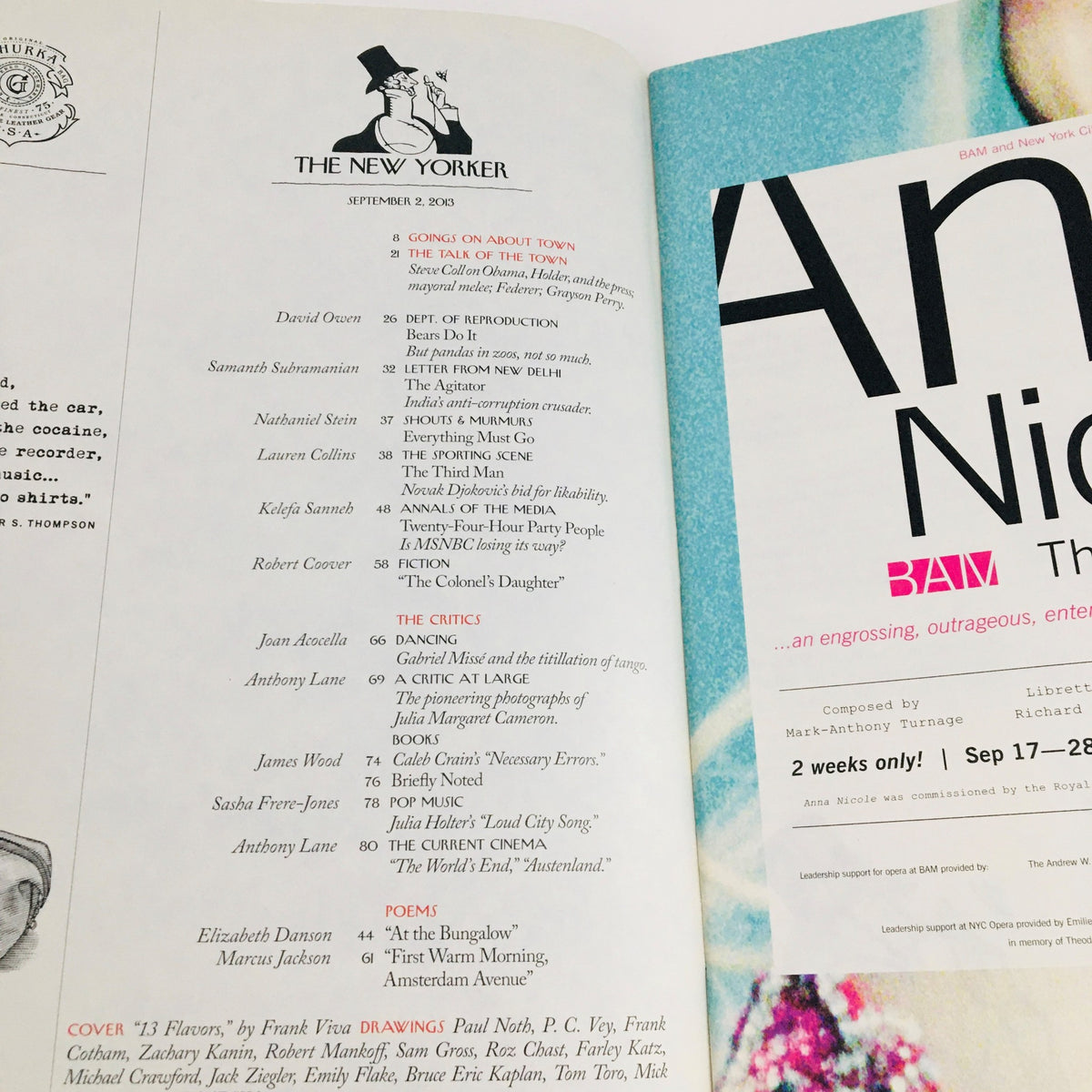 Interior page of The New Yorker September 2 2013 showing the contents section, highlighting articles and illustrations within the magazine, with a sophisticated layout.