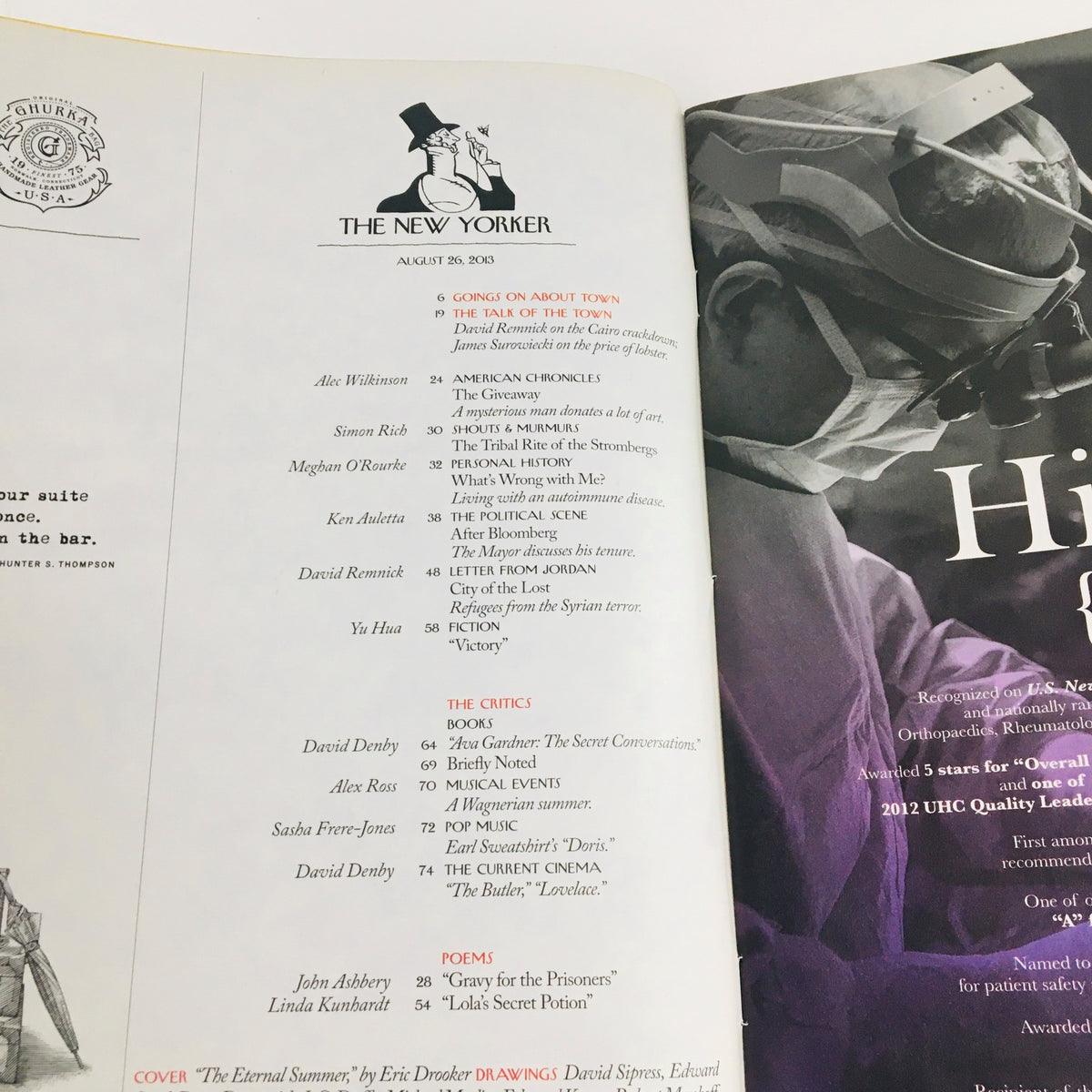 Interior page of The New Yorker August 26 2013 Vintage Magazine, displaying the table of contents and contributing writers, emphasizing the magazine's rich literary heritage.