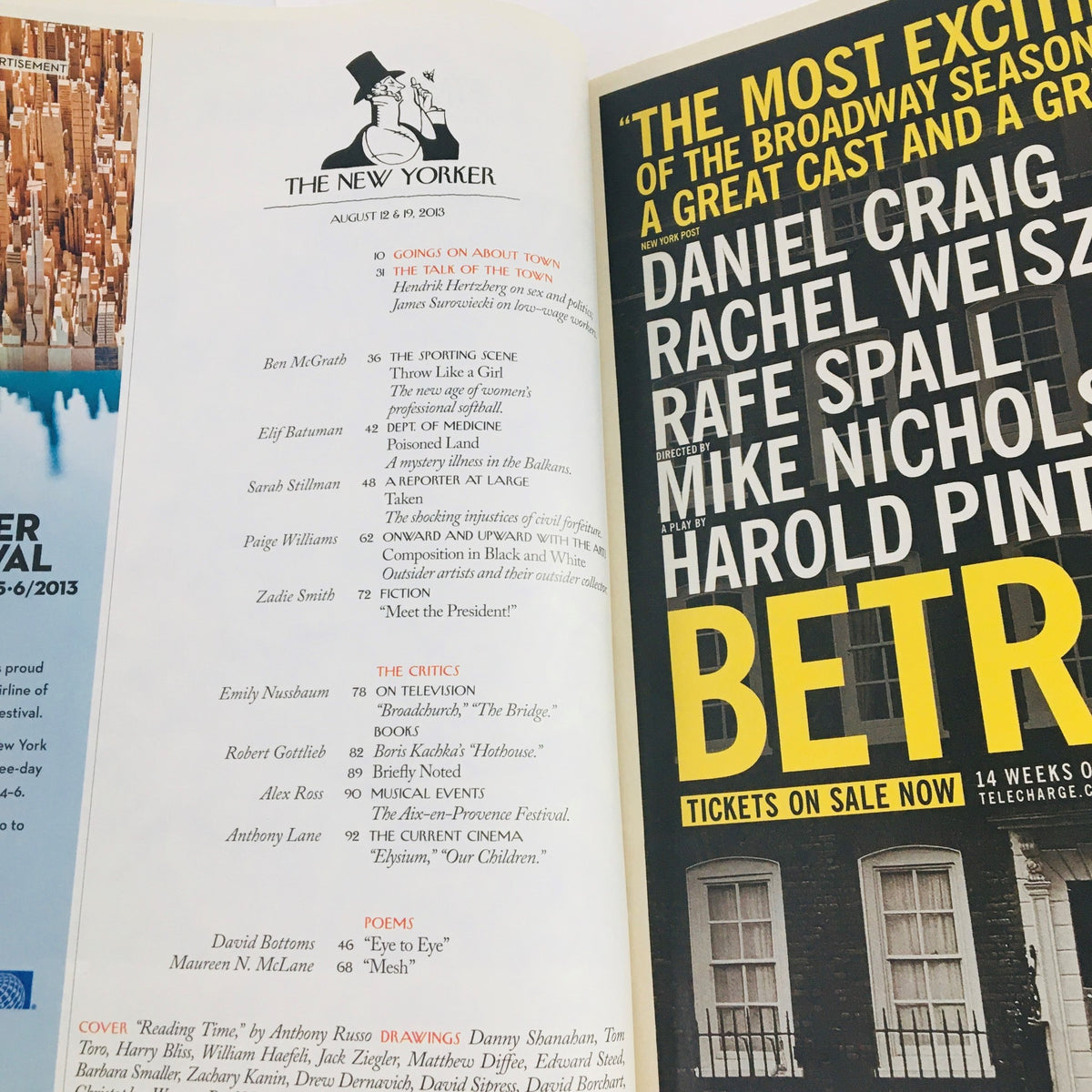 Inside view of The New Yorker August 12 2013 magazine showcasing an editorial page layout, including articles and features from that issue, with notable names and references.