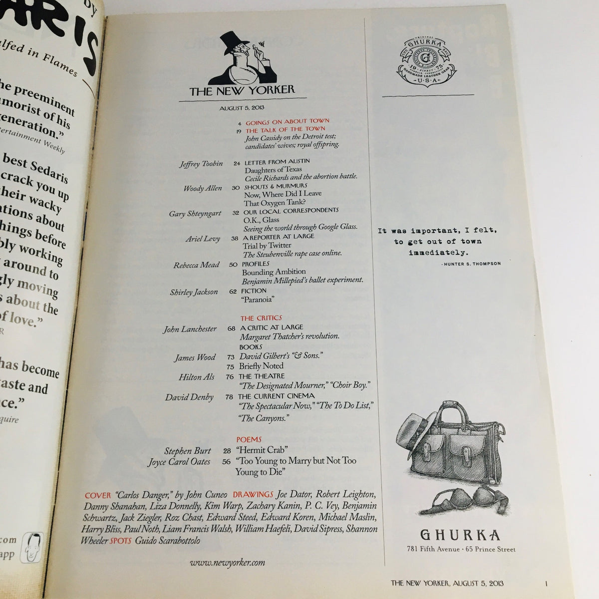 Inside page of The New Yorker Magazine August 5 2013 showing the editorial content and contributors list, featuring the issue's date and vintage magazine layout.