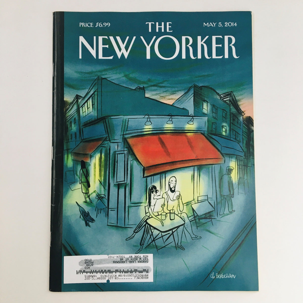 The New Yorker May 5 2014 Full Magazine Cover by Charles Berberian featuring a colorful illustration of a couple seated at a cafe with vibrant city scenery.