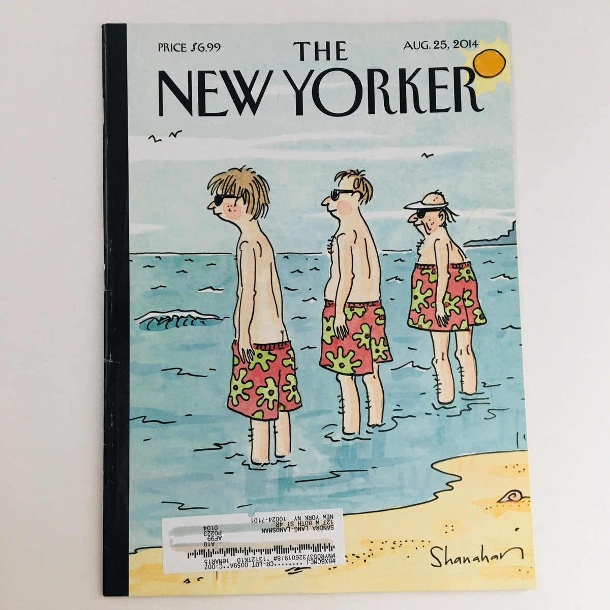 The New Yorker August 25 2014 Full Magazine Theme Cover by Danny Shanahan, featuring four characters in colorful swimwear standing on a beach.