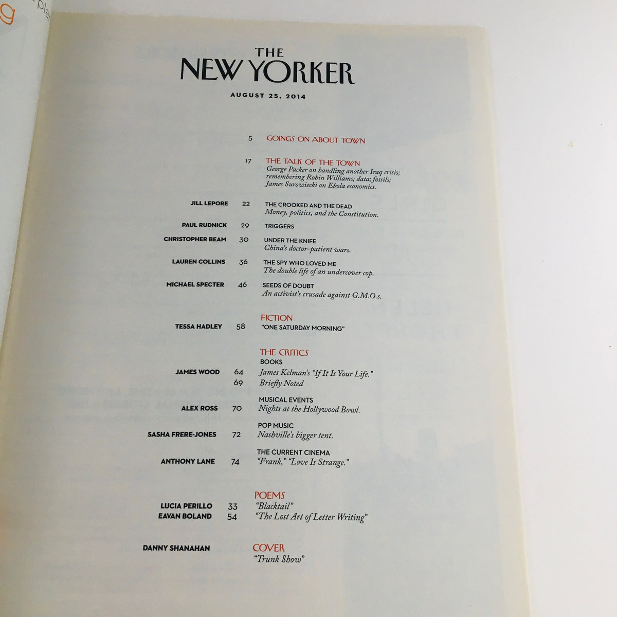 The New Yorker August 25 2014 magazine interior page, showcasing the table of contents with various article titles and authors.