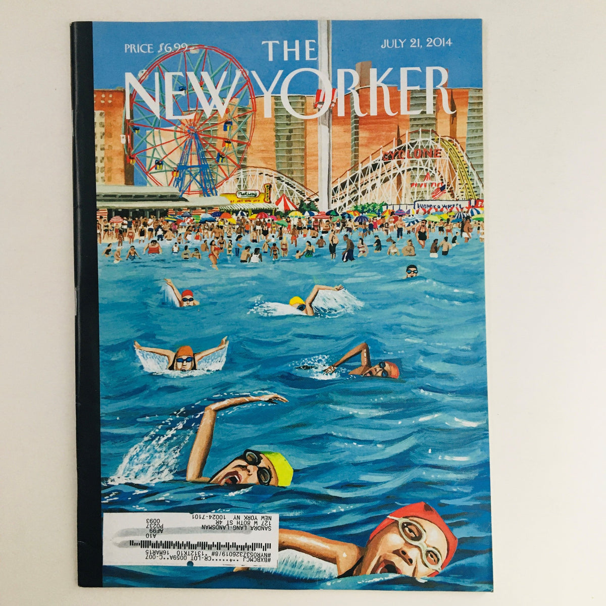 Cover of The New Yorker July 21, 2014, featuring a vibrant illustration by Mark Ulriksen showcasing swimmers in a colorful pool with a fairground in the background.