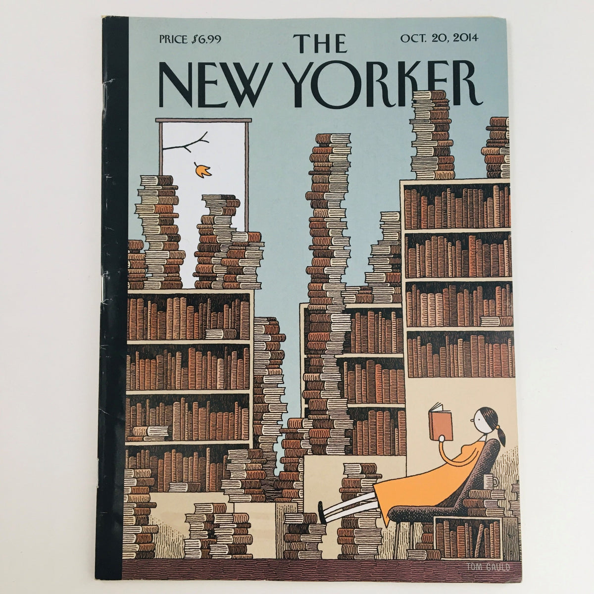 The New Yorker October 20 2014 magazine cover illustrated by Tom Gauld, featuring a stacked bookshelf scene with a woman reading.