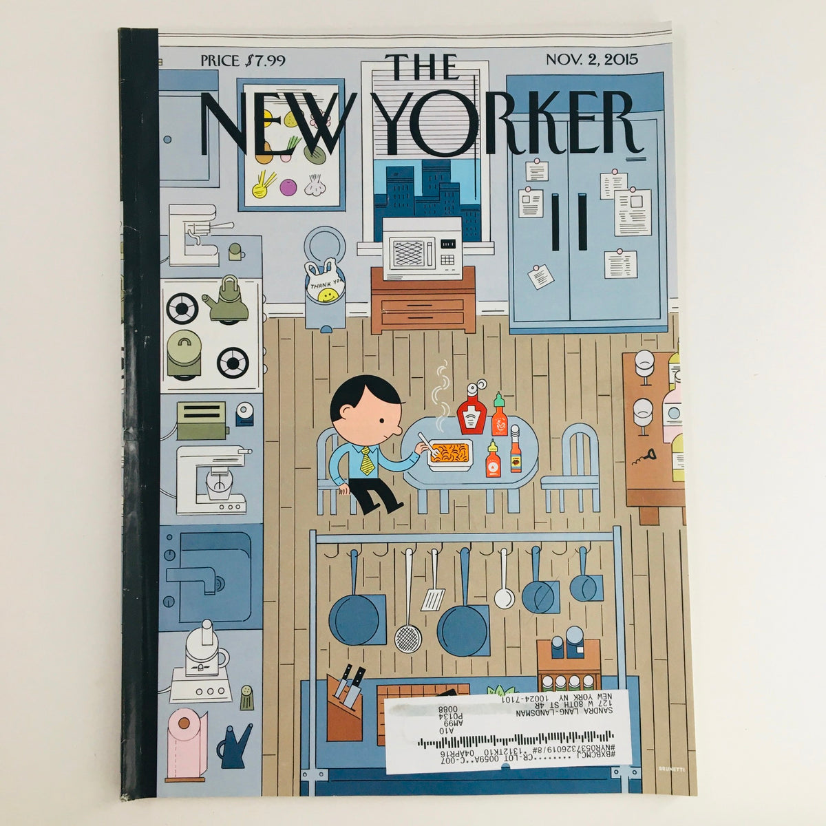 The New Yorker November 2 2015 Full Magazine Theme Cover by Ivan Brunetti, featuring a whimsical illustration of a boy sitting at a dining table surrounded by kitchen items, embodying contemporary art.
