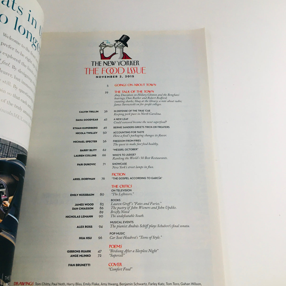The New Yorker November 2 2015 Table of Contents page highlighting the theme of The Food Issue, showcasing various articles and contributors, indicative of the magazine's quality journalism.