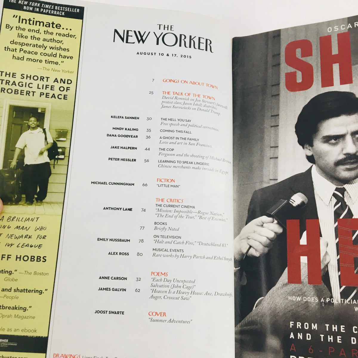 Inside page of The New Yorker August 10 2015 edition showcasing the table of contents, highlighting articles and the cover by Joost Swarte.