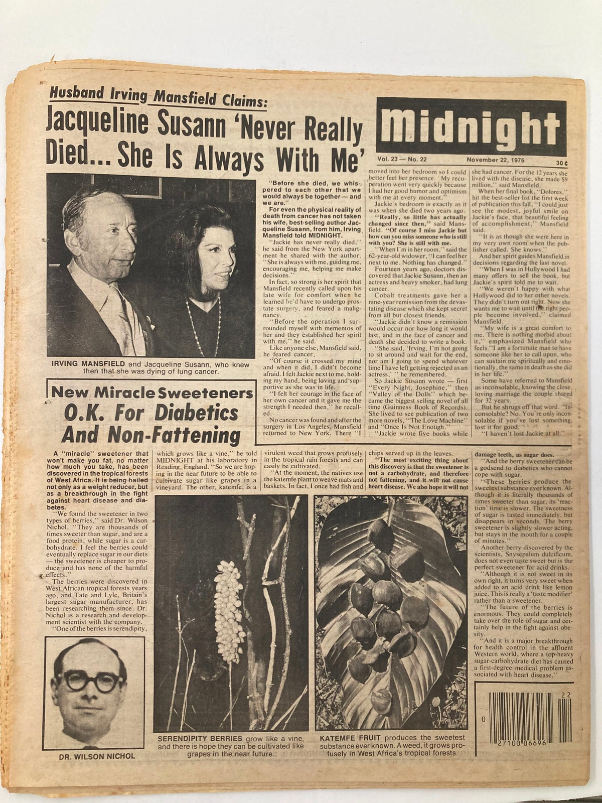 Midnight Tabloid November 22 1976 Vol 23 #22 showcasing the front cover with headlines about Jacqueline Susann and new miracle sweeteners, reflecting the era's sensational journalism.