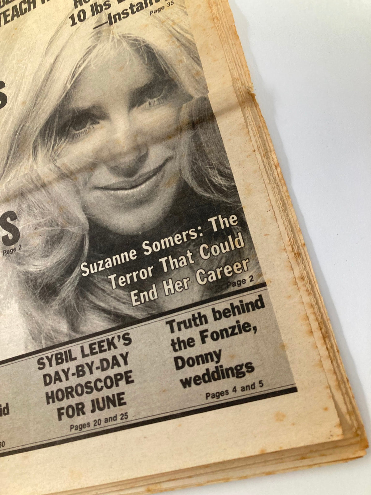 Close-up of the Midnight Globe Tabloid May 30 1978 Vol 25 #22 featuring Suzanne Somers. The article highlights 'The Terror That Could End Her Career' and includes details on Sybil Leek's horoscope for June.