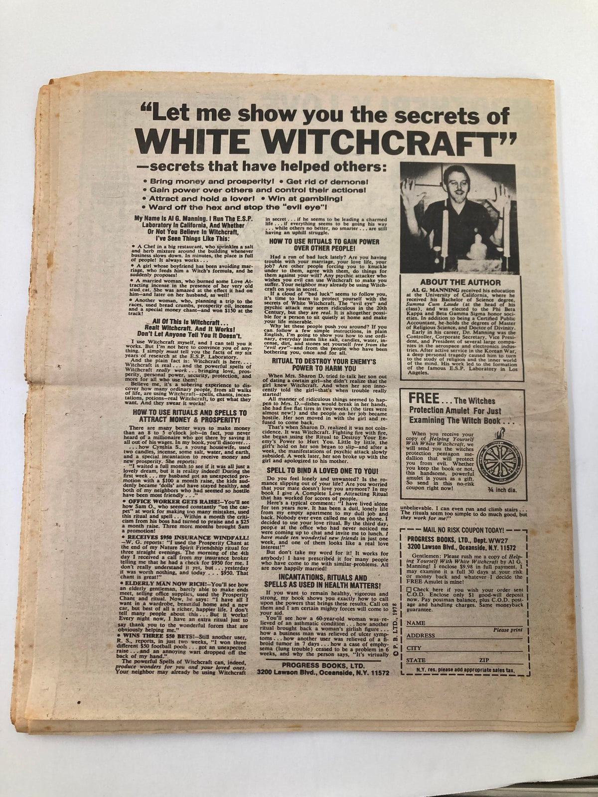 Midnight Globe Tabloid May 30 1978 Vol 25 #22 featuring an article titled 'Let me show you the secrets of White Witchcraft' with various text sections discussing spells, rituals, and the author.