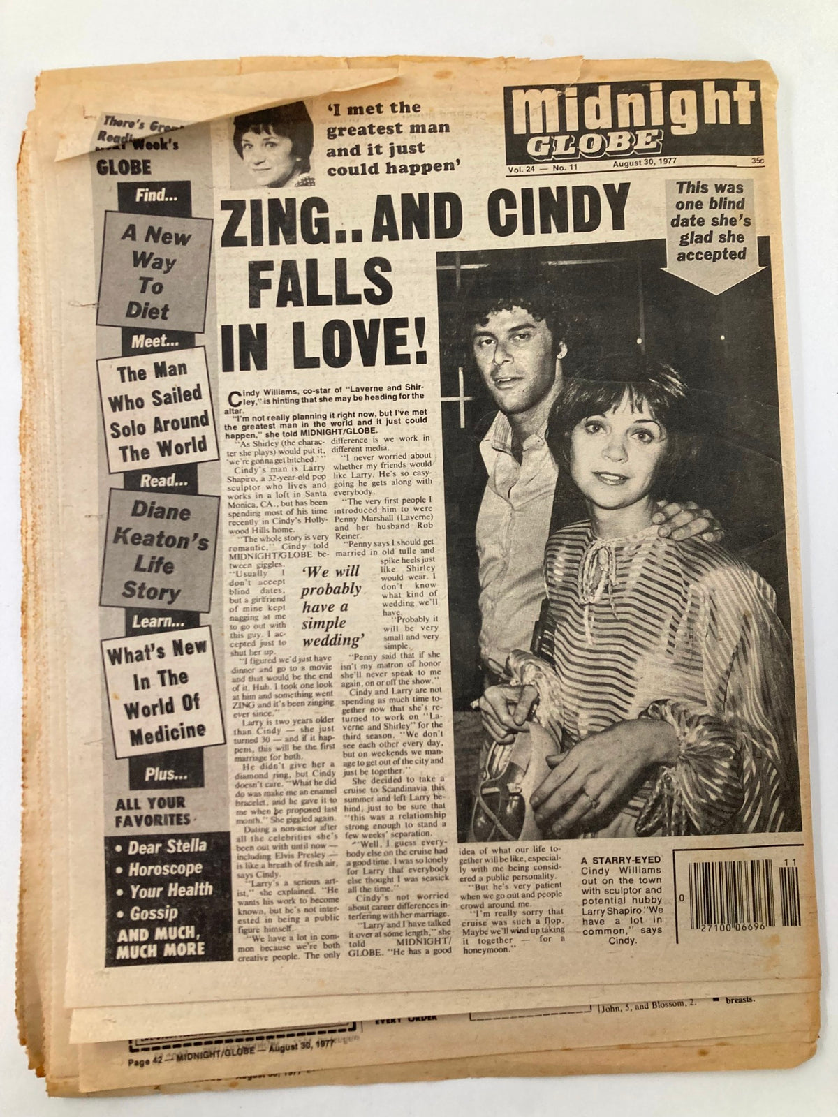Midnight Globe Tabloid August 30, 1977, Vol 24 #11 with Cindy Williams discussing her new relationship, capturing vintage Hollywood romance and gossip.