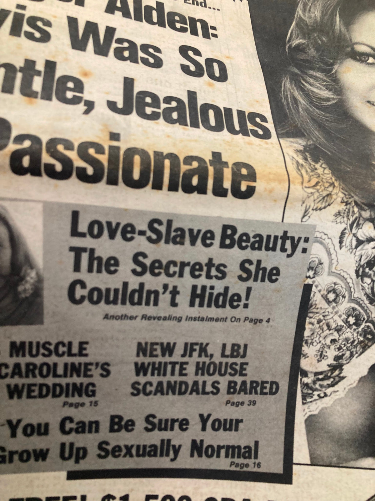 Close-up of the headline from the Midnight Globe Tabloid June 27 1978 Vol 25 #26, featuring stories about Ginger Alden, love-slave beauty, and other sensational topics, showcasing the tabloid style of journalism.
