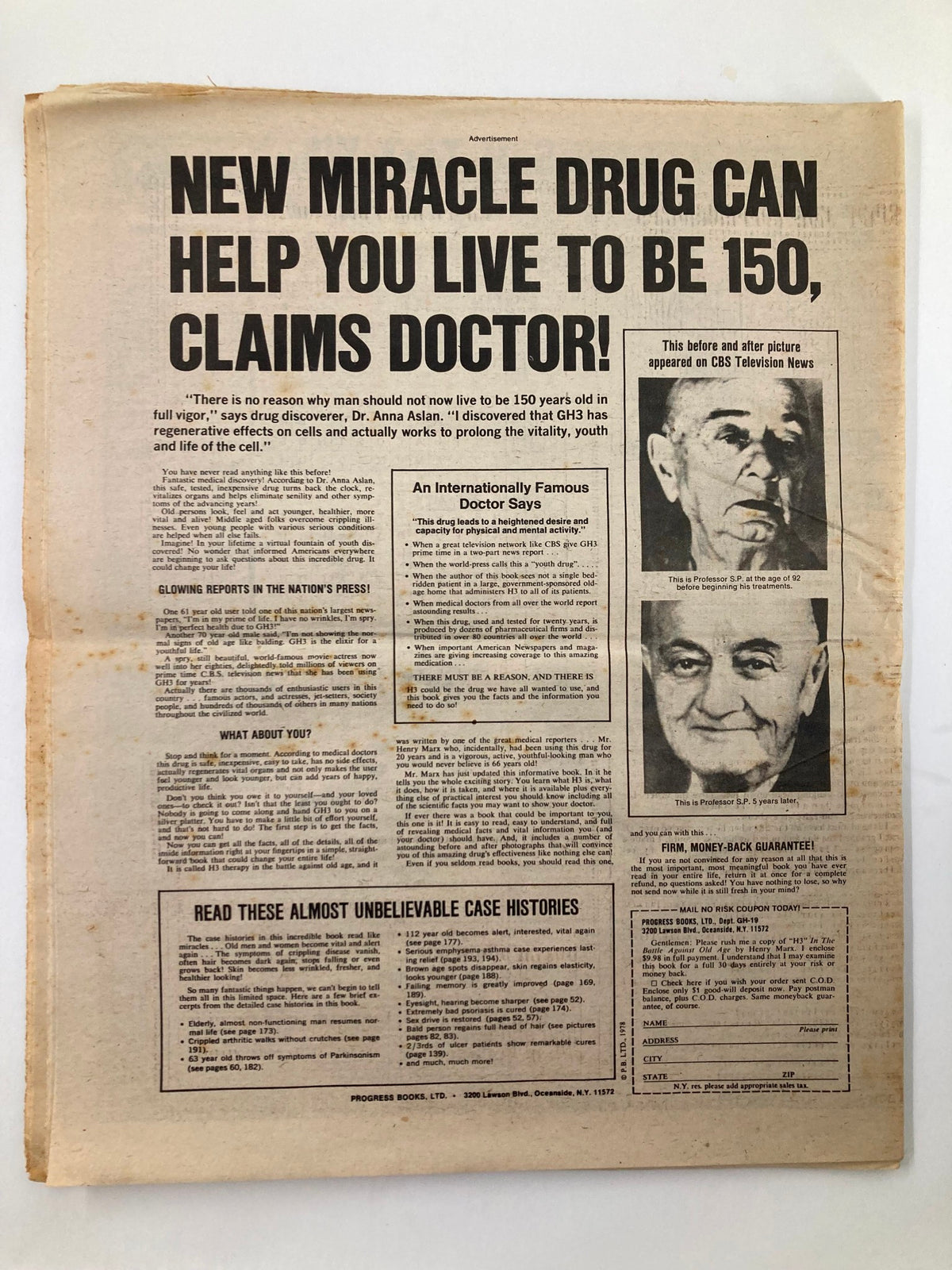 Back cover of the Midnight Globe Tabloid June 27 1978 Vol 25 #26, presenting an advertisement for a miracle drug promising longevity and health, indicative of health trends in the late 1970s.