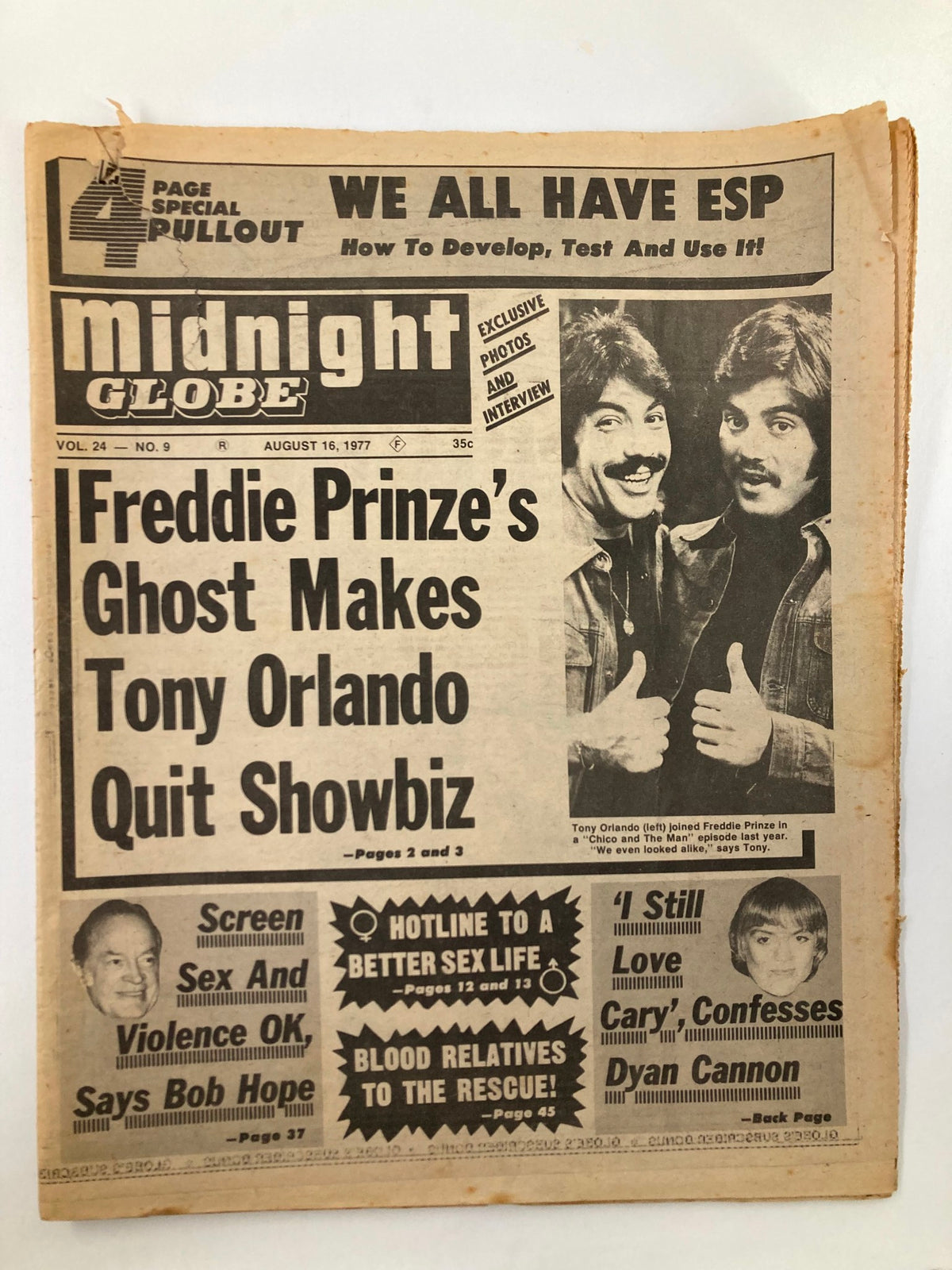 Cover of Midnight Globe Tabloid August 16 1977 Vol 24 #9 featuring Freddie Prinze and Tony Orlando, highlighting a scandalous story about Prinze's ghost.