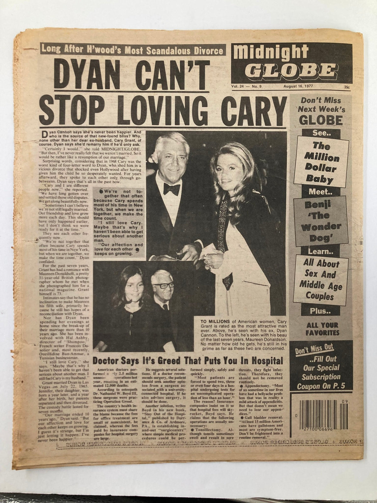 Reverse cover of Midnight Globe Tabloid August 16 1977 Vol 24 #9, featuring a story on Dyan Cannon and Cary Grant with additional headlines related to celebrity gossip.