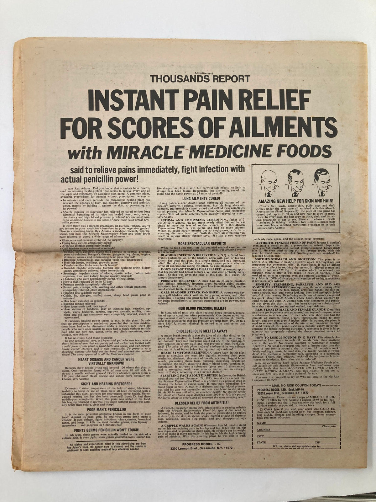 Reverse side of the May 23, 1978 Midnight Globe Tabloid, showcasing an advertisement for 'Instant Pain Relief' and 'Miracle Medicine Foods' with a promotional layout.