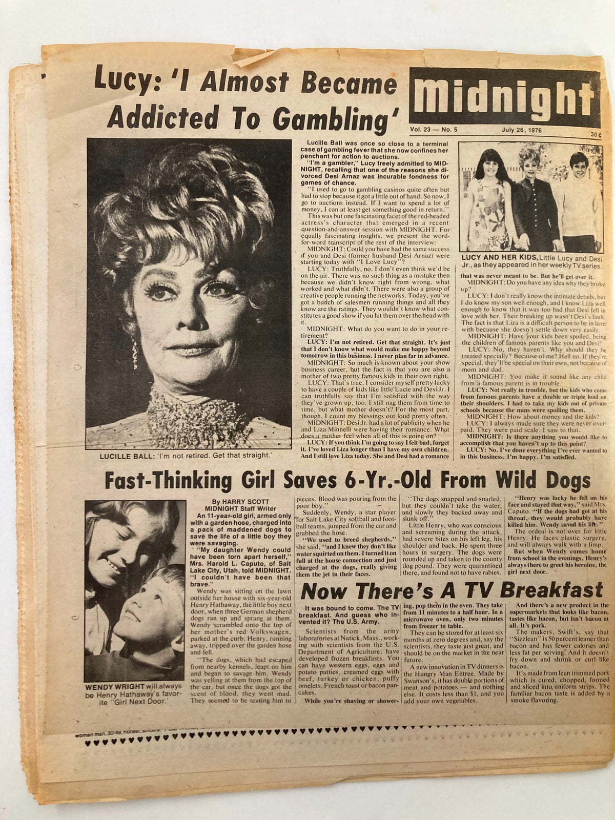 Midnight Tabloid July 26 1976 Vol 23 #5 covering Lucy Ball's gambling addiction and featuring other articles, demonstrating a nostalgic newspaper layout.