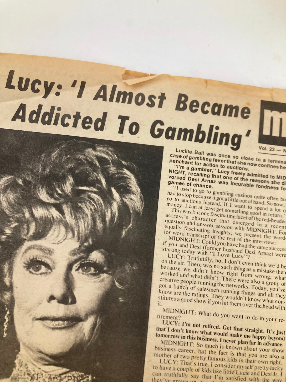 Detailed view of a section from Midnight Tabloid July 26 1976 Vol 23 #5 with Lucy Ball's quote about gambling addiction, reflecting its historical context.