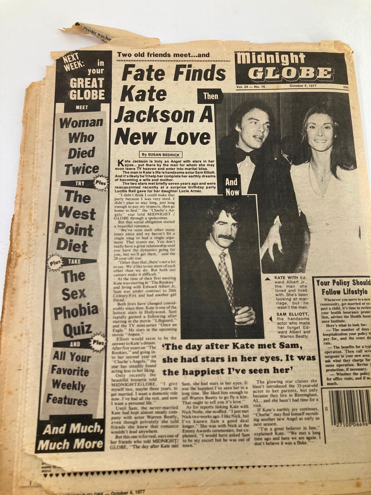Cover of Midnight Globe Tabloid October 4 1977 Vol 24 #16 showcasing Kate Jackson and Sam Elliott, including a story about their love connections.