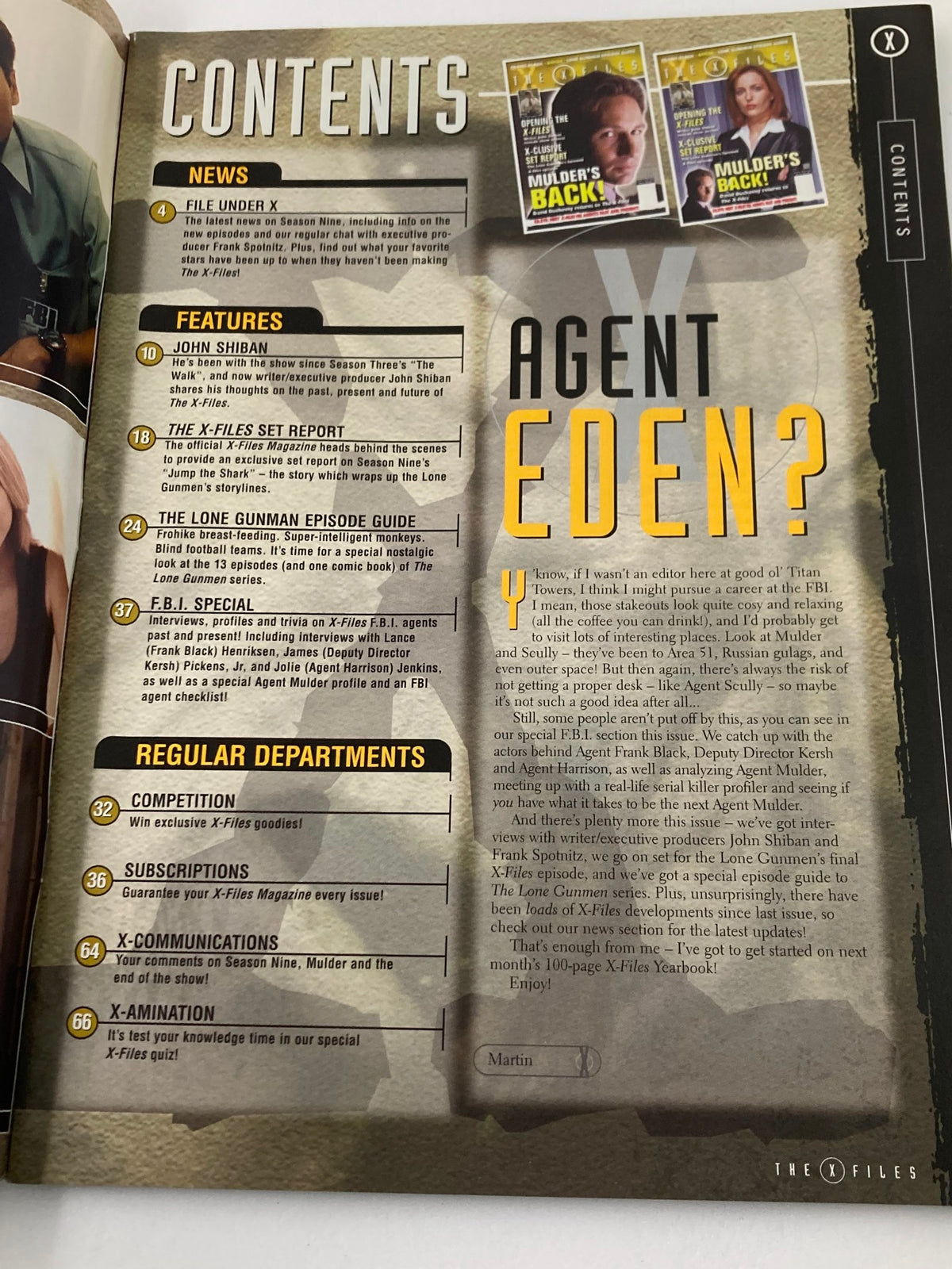 Contents page of The X-Files Magazine May 2002 #3 showcasing the featured articles and sections, including an introduction by John Shiban and a special on The Lone Gunmen episode.