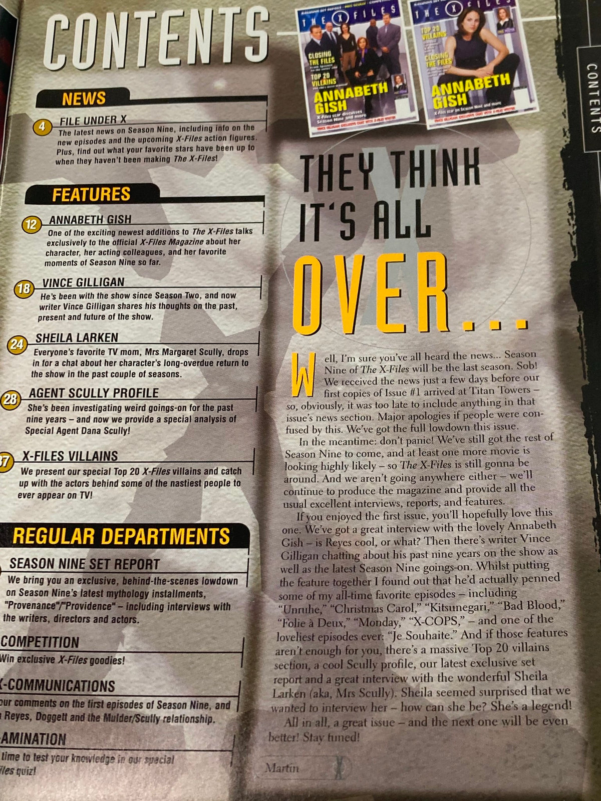Contents page of The X-Files Magazine April 2002 #2, featuring articles and highlights on Annabeth Gish and the Season Nine report.