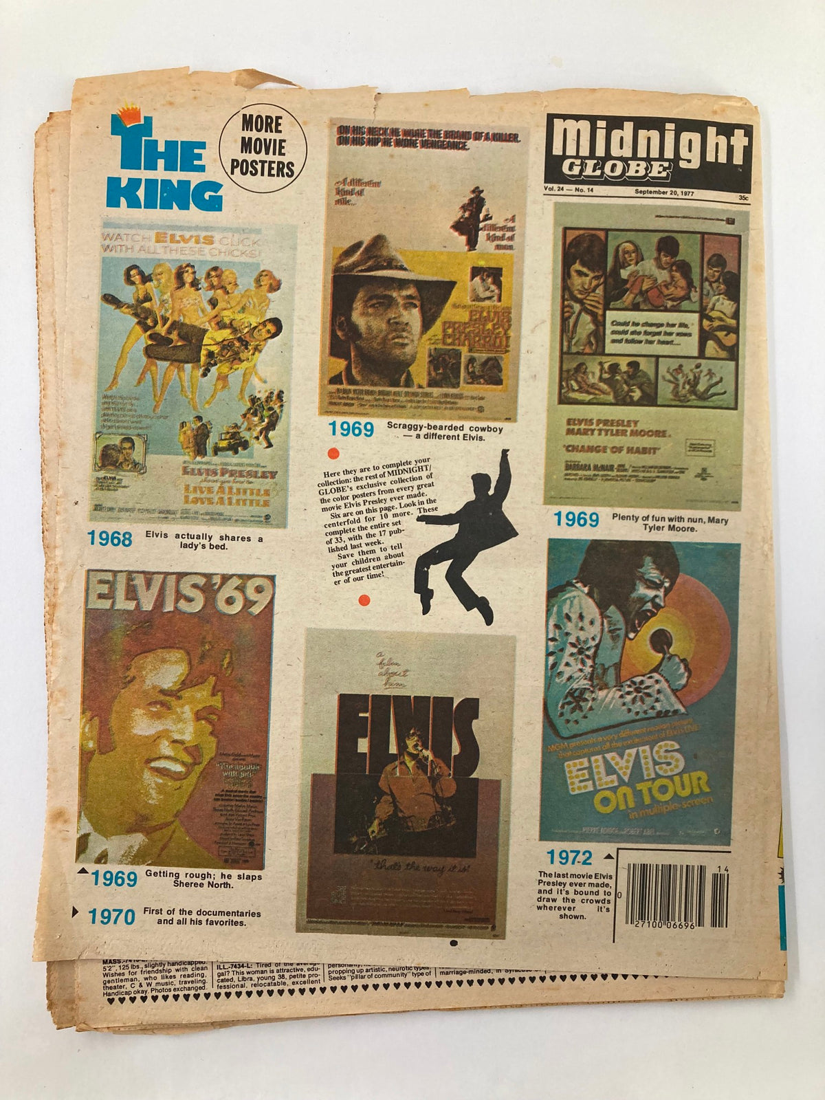 Back cover of Midnight Globe Tabloid September 20 1977 showcasing various Elvis movie posters from 1968 to 1972.