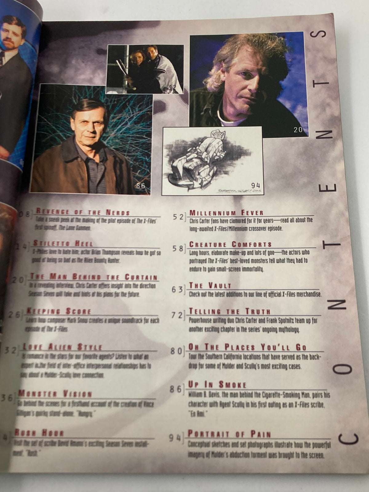 The contents page of The X-Files Yearbook 2000, detailing featured articles and insights about the show and its impact on television culture.