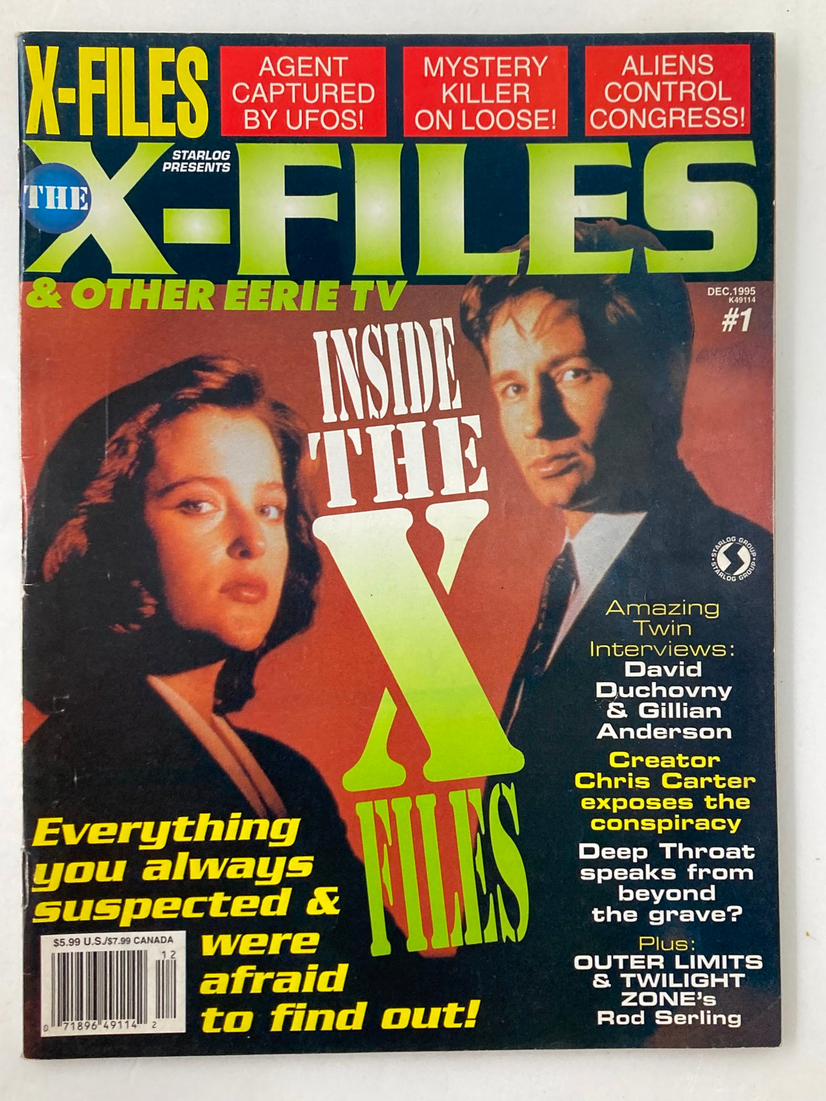 Cover of Starlog December 1995 issue featuring The X-Files, with images of David Duchovny and Gillian Anderson. Highlights include intriguing taglines like 'Agent Captured By UFOs!' and 'Mystery Killer On Loose!'.